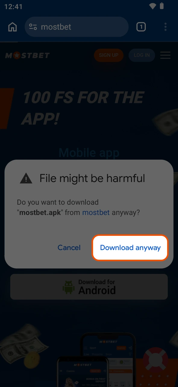 Accept the file transfer to get the Mostbet Android app.