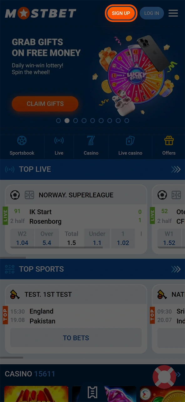 Press the signup button in the Mostbet app for registration.
