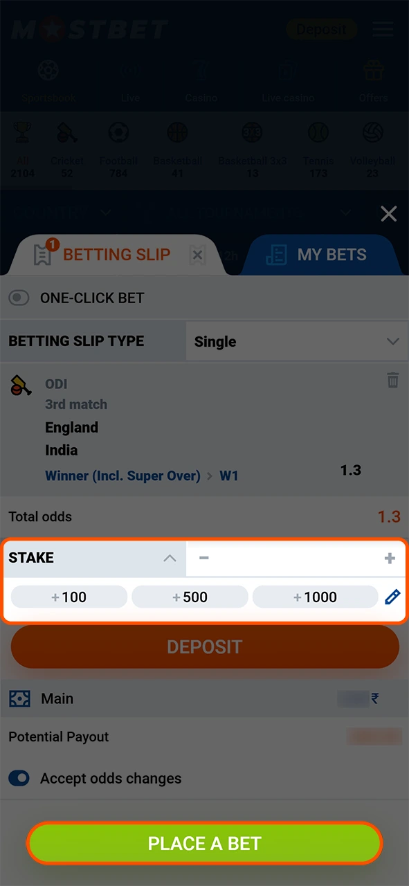 Enter your wager amount for betting in the Mostbet app.