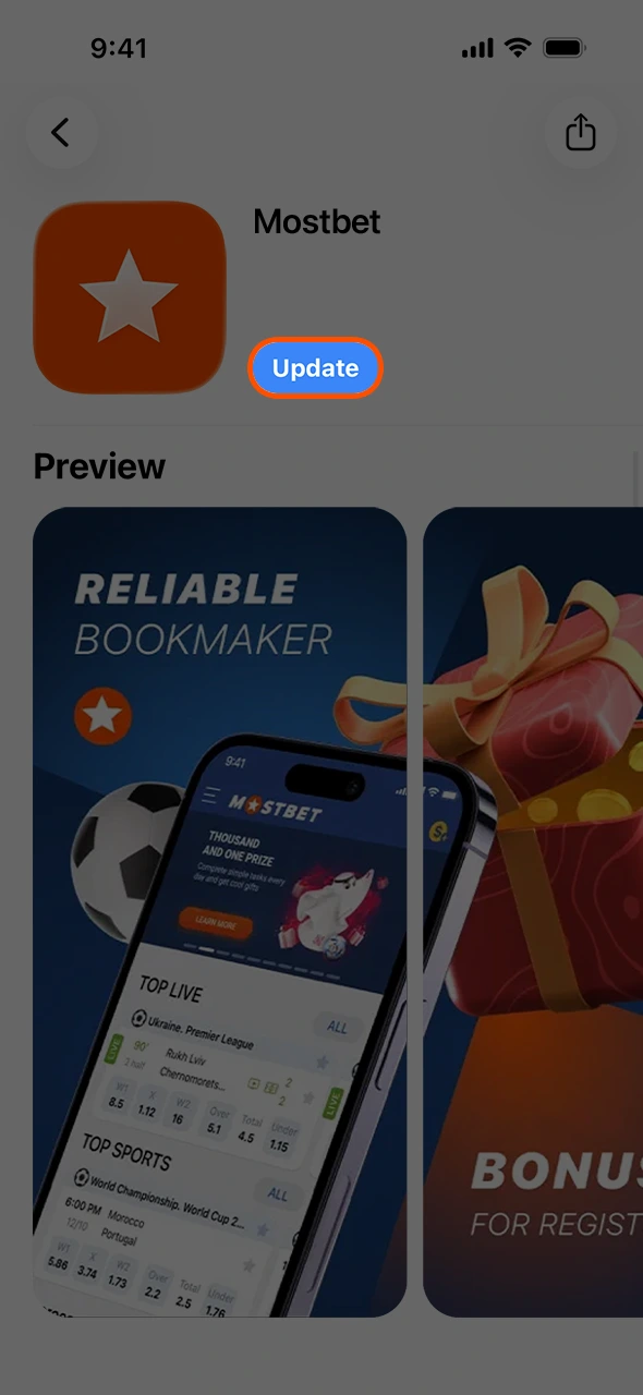 Hit the button to automatically update the Mostbet app online.