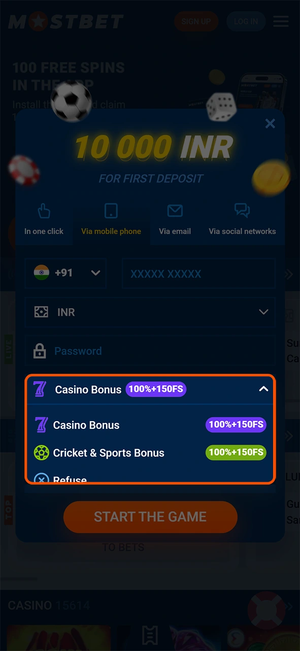 Select the preferred offer you want to claim at Mostbet.