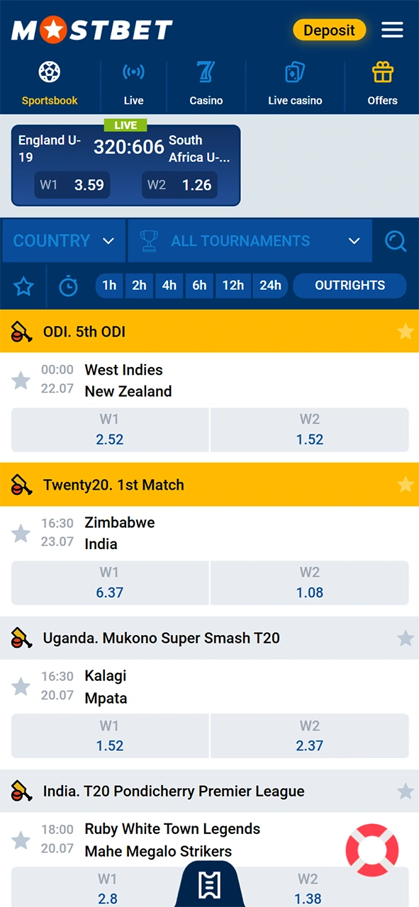 Open the sports menu to explore your Mostbet cricket betting.