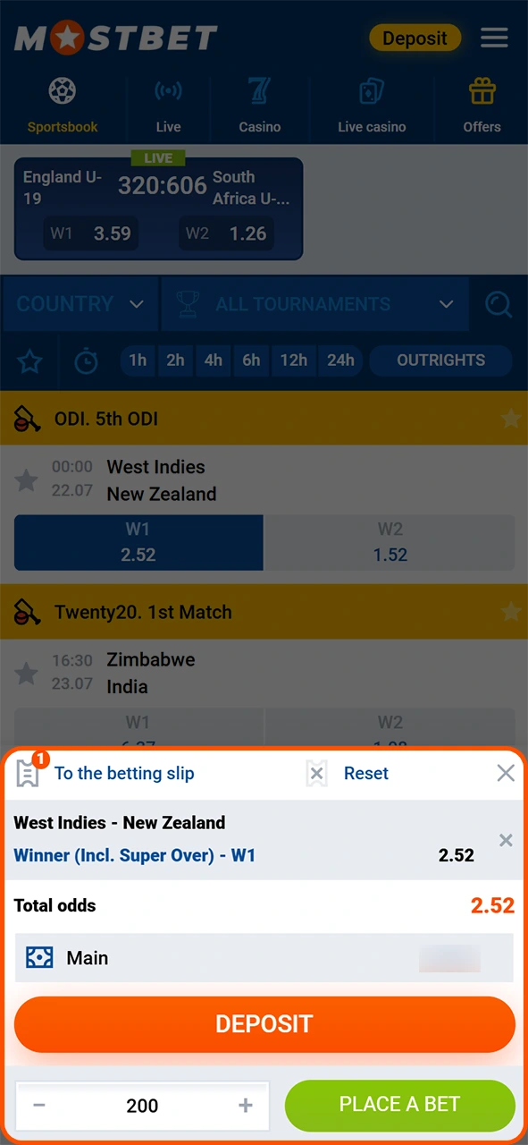 Choose profitable odds and finalize your Mostbet cricket betting slip.