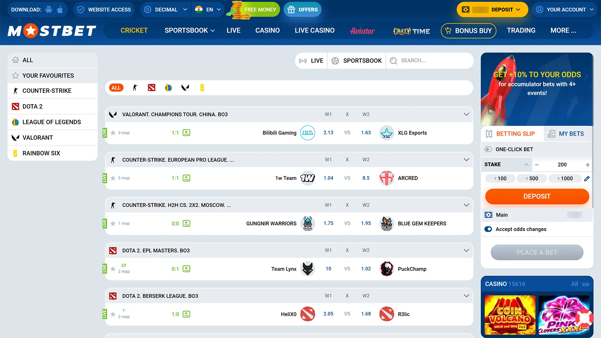 Open the gaming category for your Mostbet esports betting.