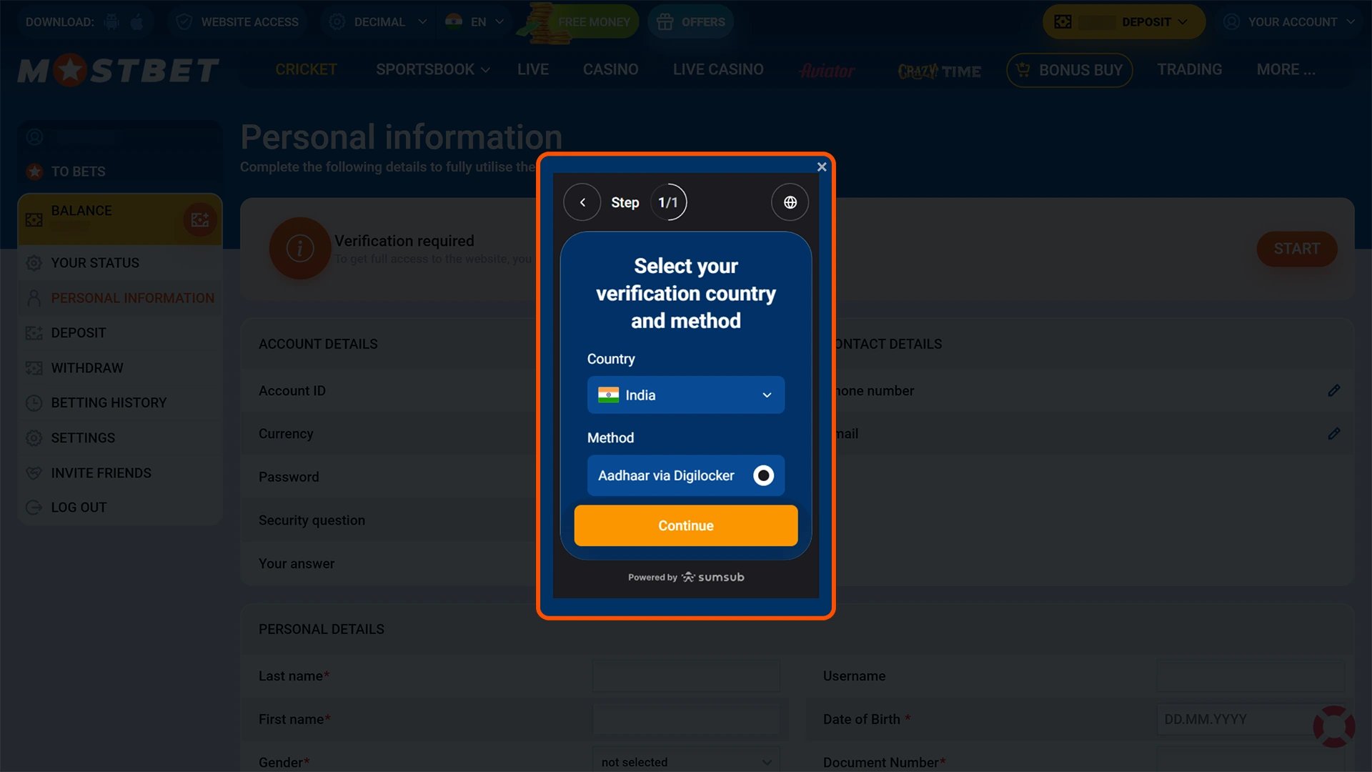 Confirm your identity for secure Mostbet esports betting.