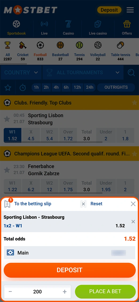 Select winning odds and confirm your final Mostbet football slip.