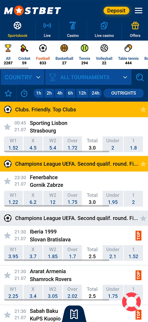 Browse the sports category to discover top Mostbet football events.