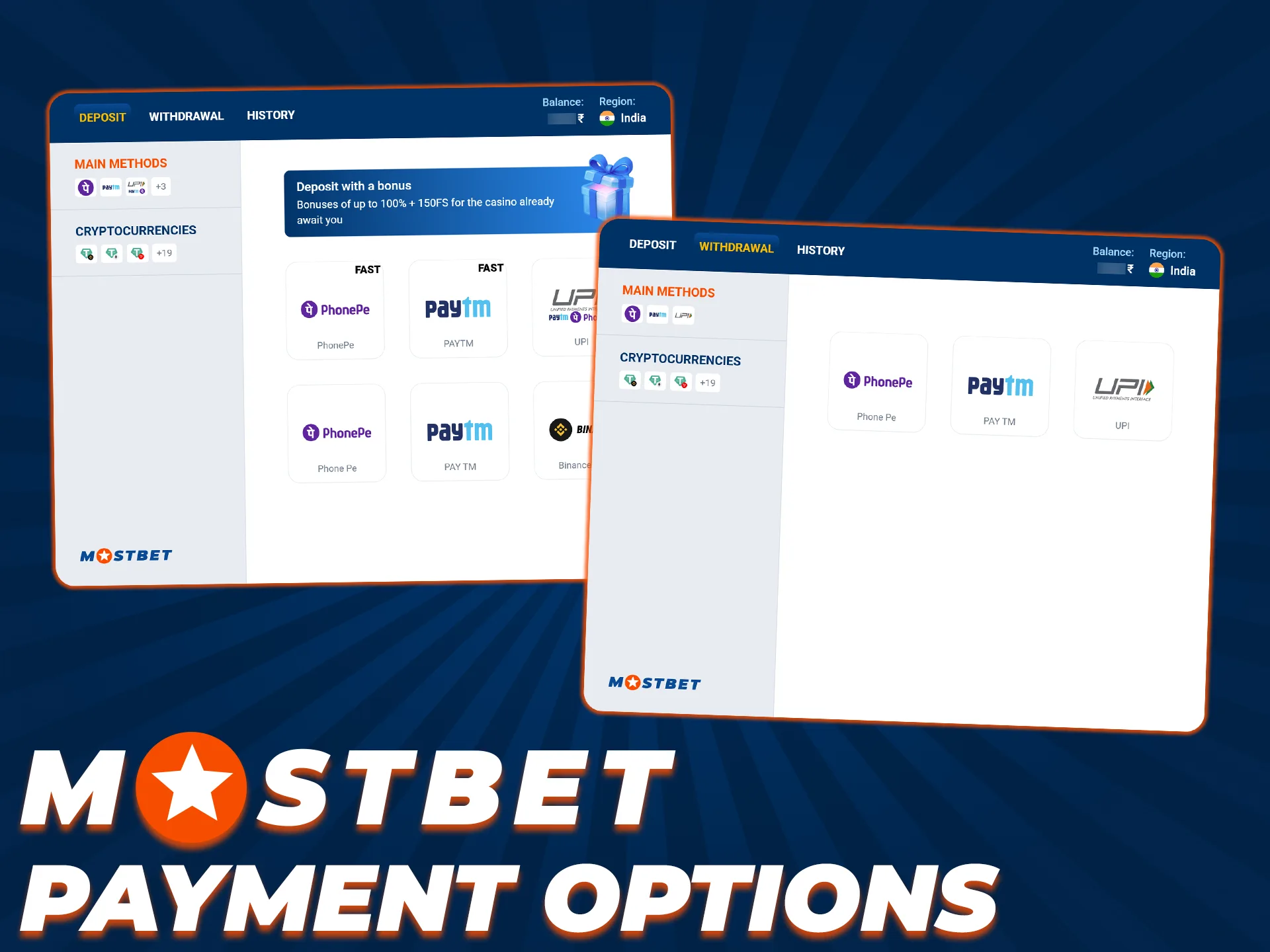Deposit funds securely using convenient methods at the Mostbet betting platform.