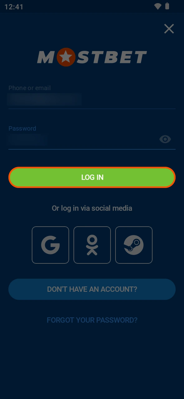 Press the authorization button to finish your Mostbet app login.