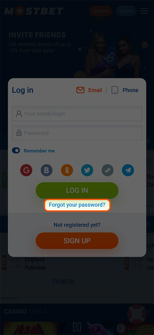 Press the recovery link to fix your Mostbet login password.