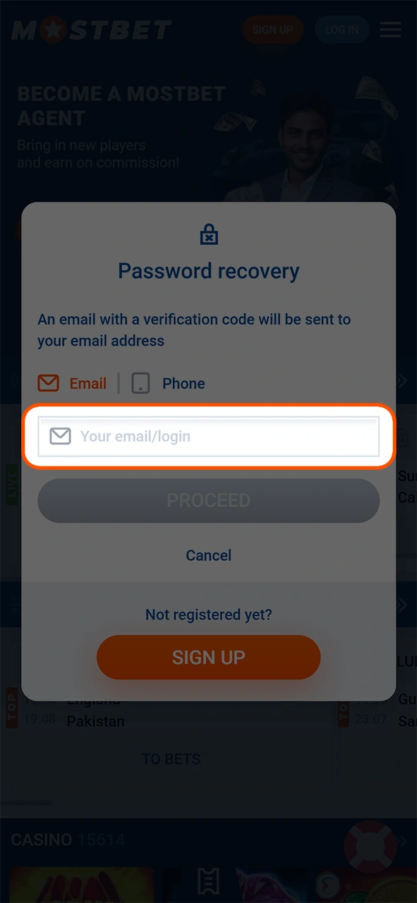 Provide your contact info to reset the Mostbet login password.