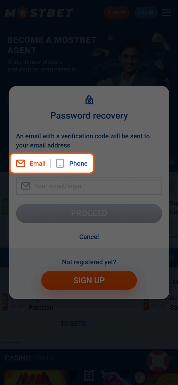 Pick an option to retrieve your password for Mostbet login.