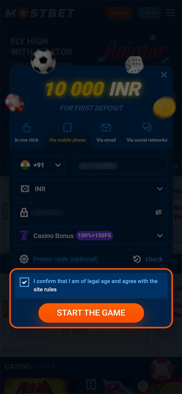 Accept the platform rules to finalize your Mostbet registration and sign up.