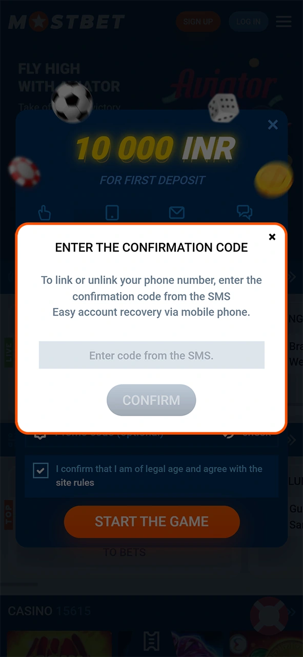 Verify your contact info to complete the Mostbet registration and sign up.