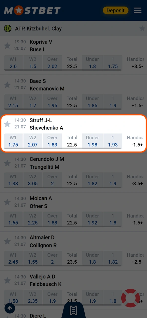 Confirm the final slip to secure your Mostbet tennis bets.