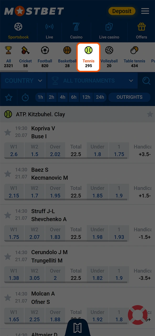 Pick the racket discipline to explore your Mostbet tennis bets.